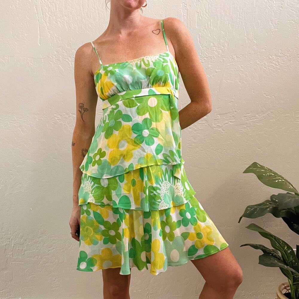 Vintage Y2K 100% Silk Green Floral Tiered Mini Dress - Picture 4 of 7